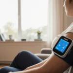 Person sits on couch wearing Omron EKG monitor with steady heartbeat reading and light through window