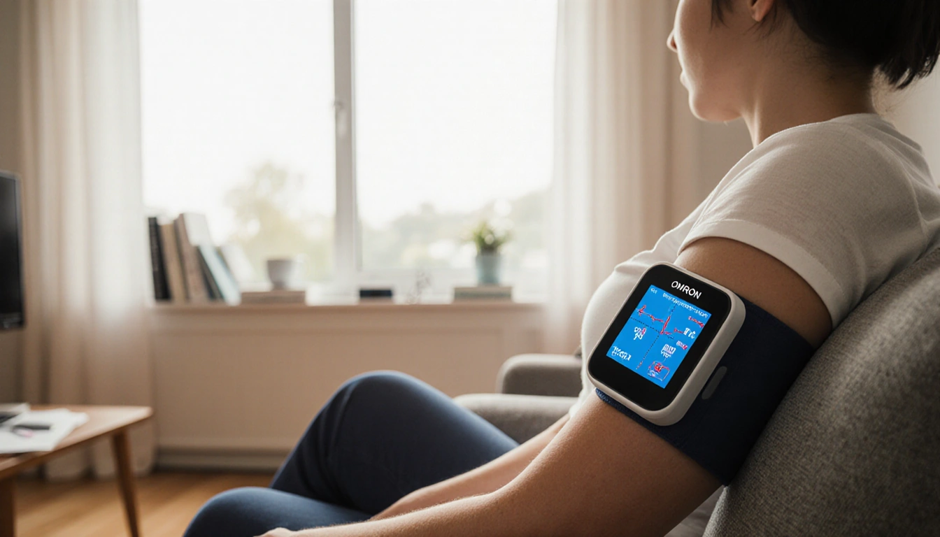 Person sits on couch wearing Omron EKG monitor with steady heartbeat reading and light through window