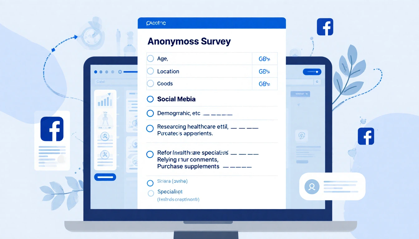 Computer screen showing online survey with age and location questions and social media queries about healthcare