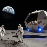 Orion spacecraft on lunar surface with blue engines glowing and astronauts floating around Earthrise