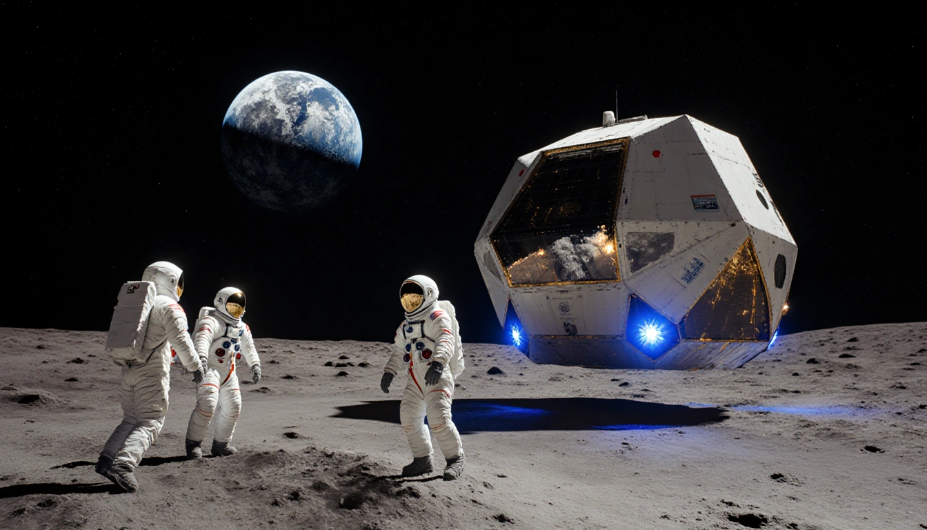 Orion spacecraft on lunar surface with blue engines glowing and astronauts floating around Earthrise