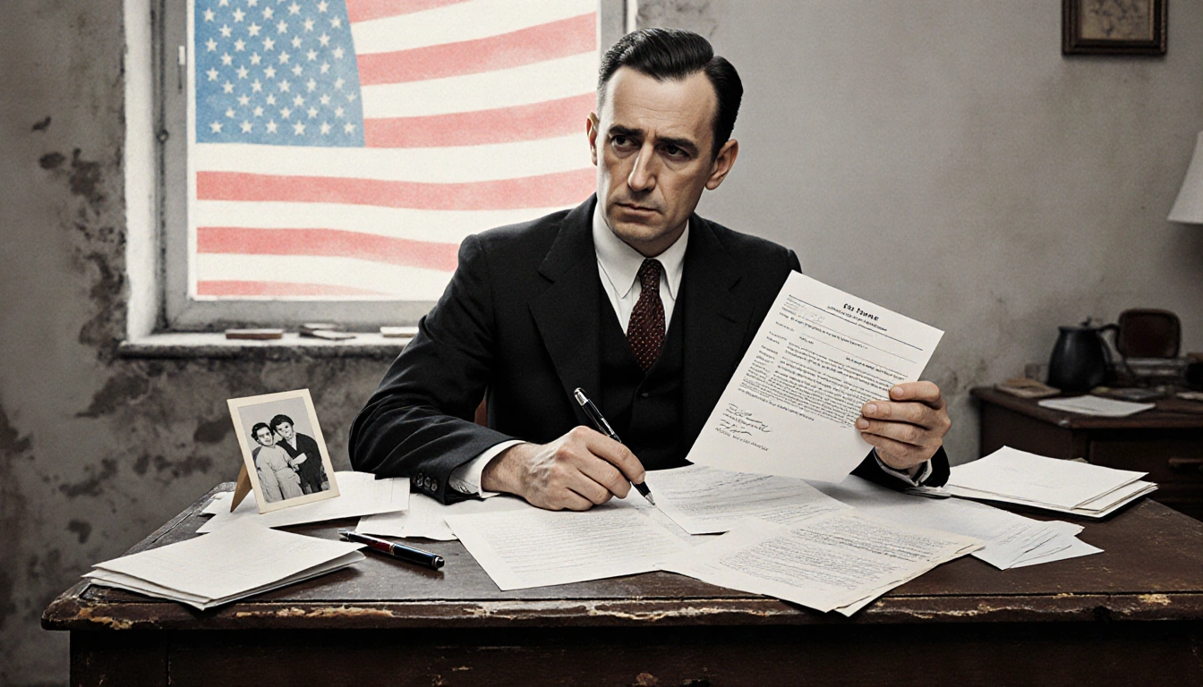 Otto Frank holding a letter and a visa application with a sad expression at a desk with a faint U.S. flag in the background