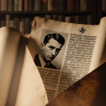 Letters peeking out from a worn Torah scroll with a malevolent Nazi portrait and warm golden glow evoking Jewish heritage