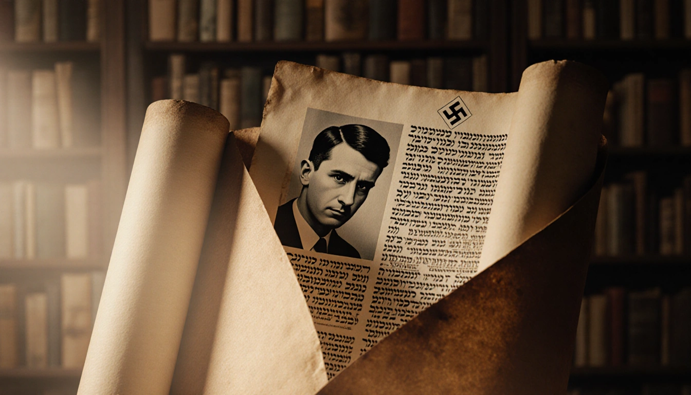 Letters peeking out from a worn Torah scroll with a malevolent Nazi portrait and warm golden glow evoking Jewish heritage