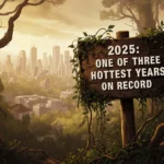 Wooden sign bearing 2025 record temperature text covered by vines in overgrown forest with distant city silhouette