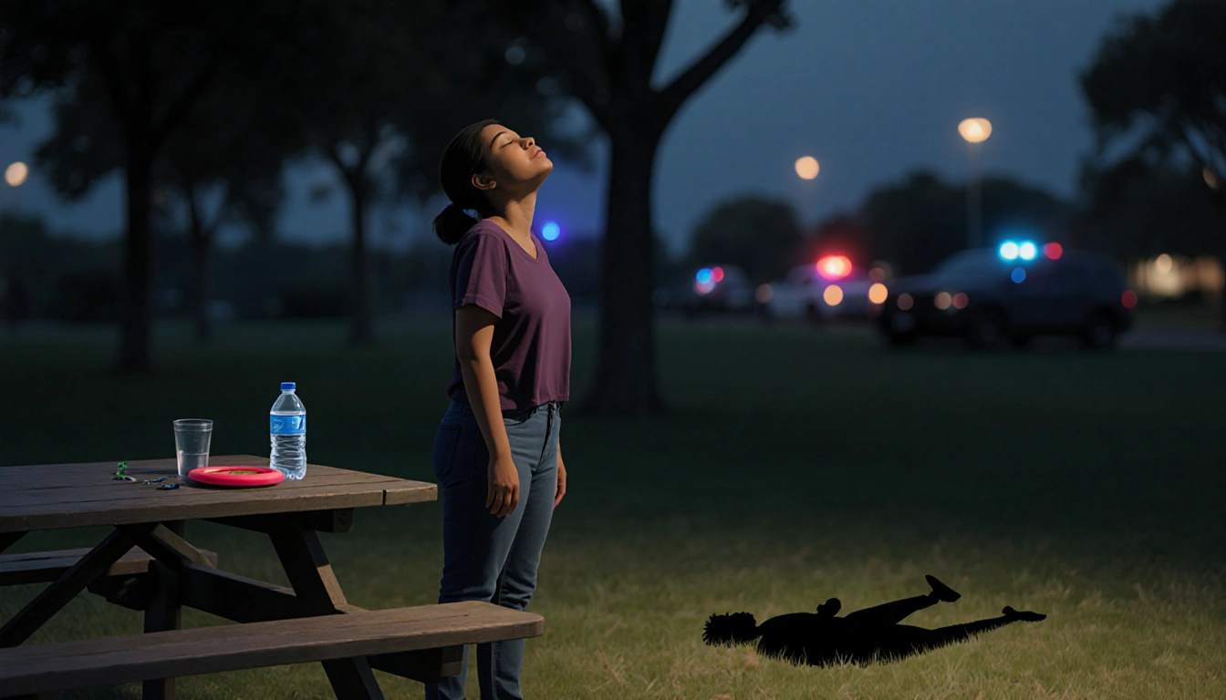 Jazelle Henderson stands in park with eyes closed looking up at faint police lights while subtle body outline lies on ground.