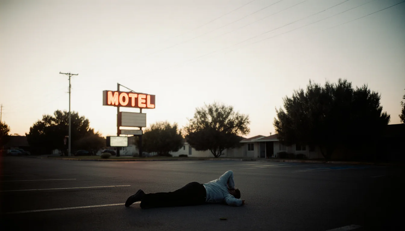 Victim lying on parking lot ground with motel sign and trees at dawn.