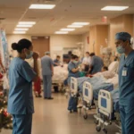 ER nurses rushing through crowded patient beds with flu patients and festive holiday decorations outside