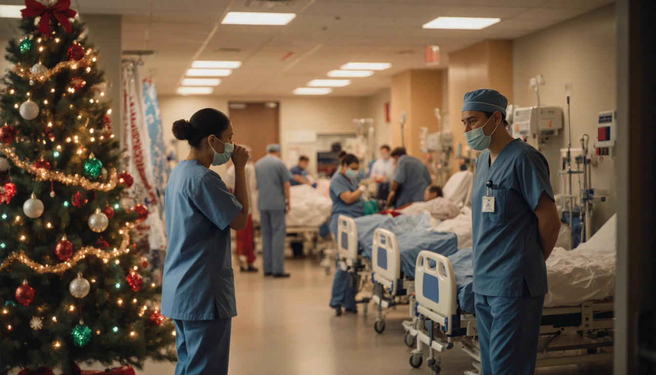 ER nurses rushing through crowded patient beds with flu patients and festive holiday decorations outside