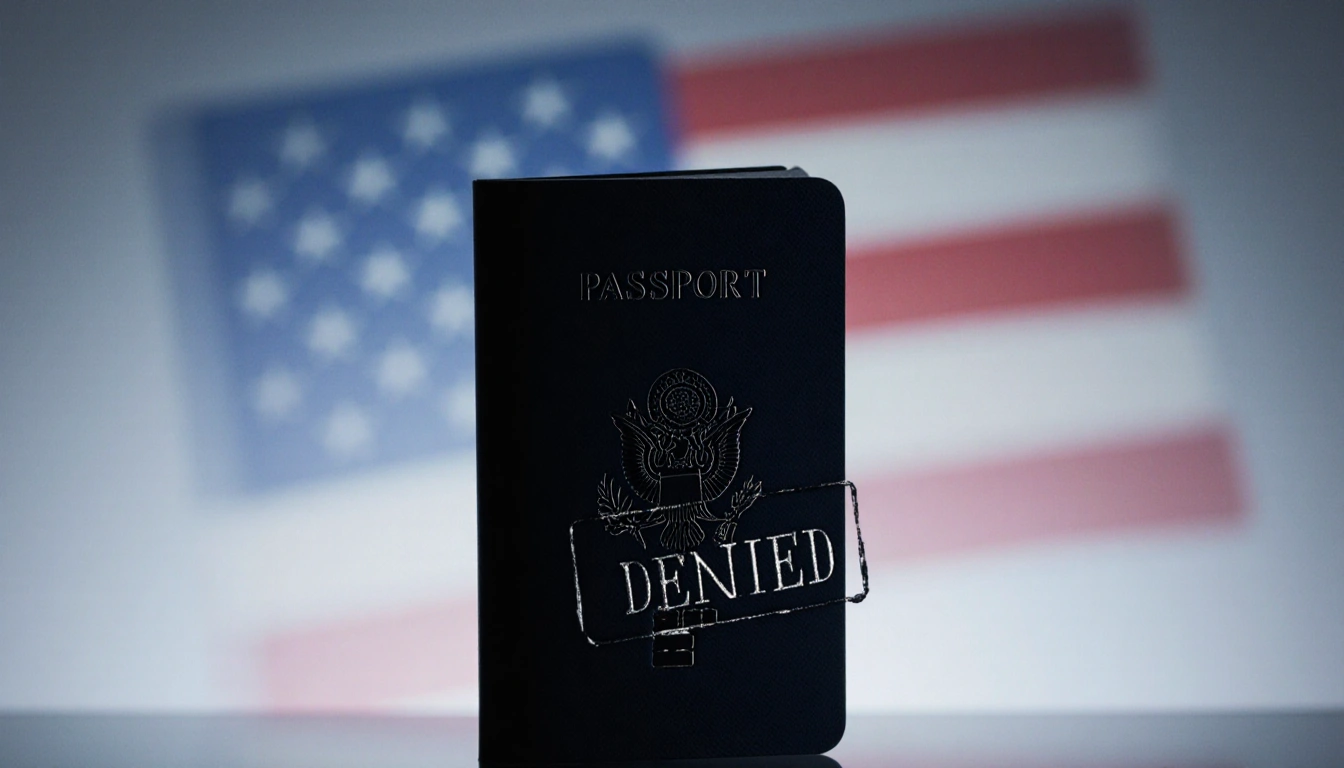 Folded US passport shows a denied stamp with a blurred American flag in blue‑gray background