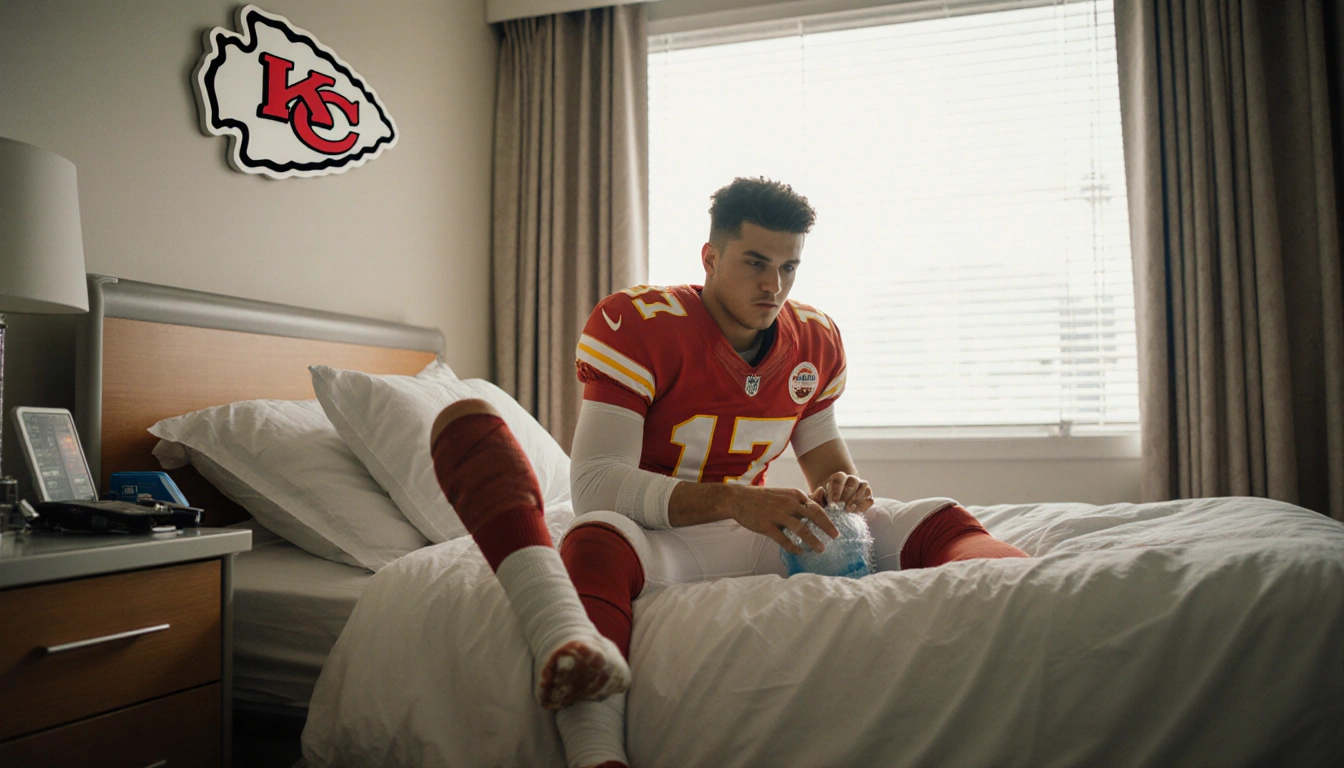 Patrick Mahomes sits on a bed with a bandaged leg and ice pack on his knee window glow and Chiefs logo on bedside table