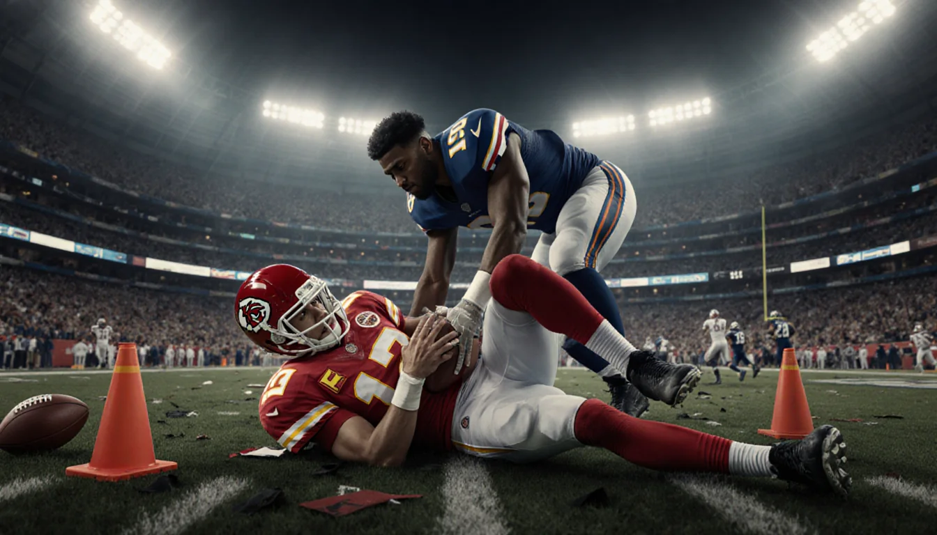 Patrick Mahomes lying on ground clutching his knee with Da'Shawn Hand looming above and a football tangled around his ankle.