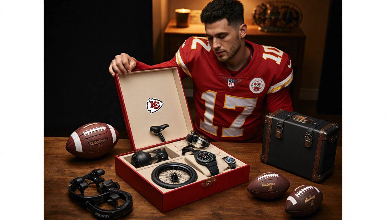 Patrick Mahomes proudly hands a luxury gift box to Kansas City Chiefs linemen with a high-end bike suitcase and watch inside