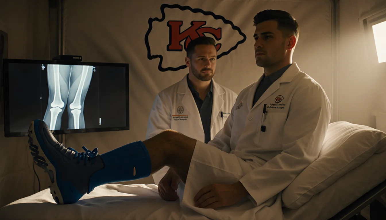 Patrick Mahomes sits on exam table with boot on left leg and a Chiefs medical staff beside him viewing an X‑ray on a screen
