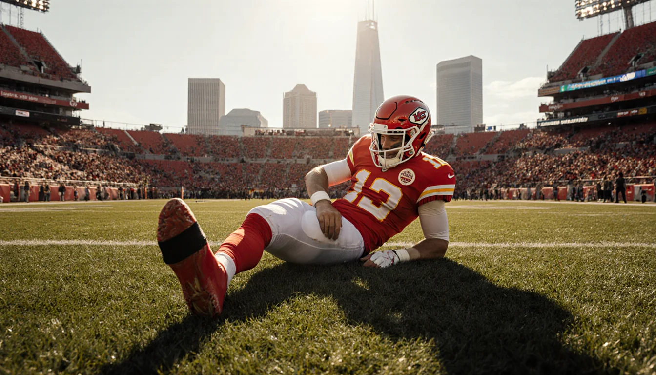 Patrick Mahomes lying on grass clutching his knee with a torn ACL visible under a wrap and Kansas City skyline in soft light.