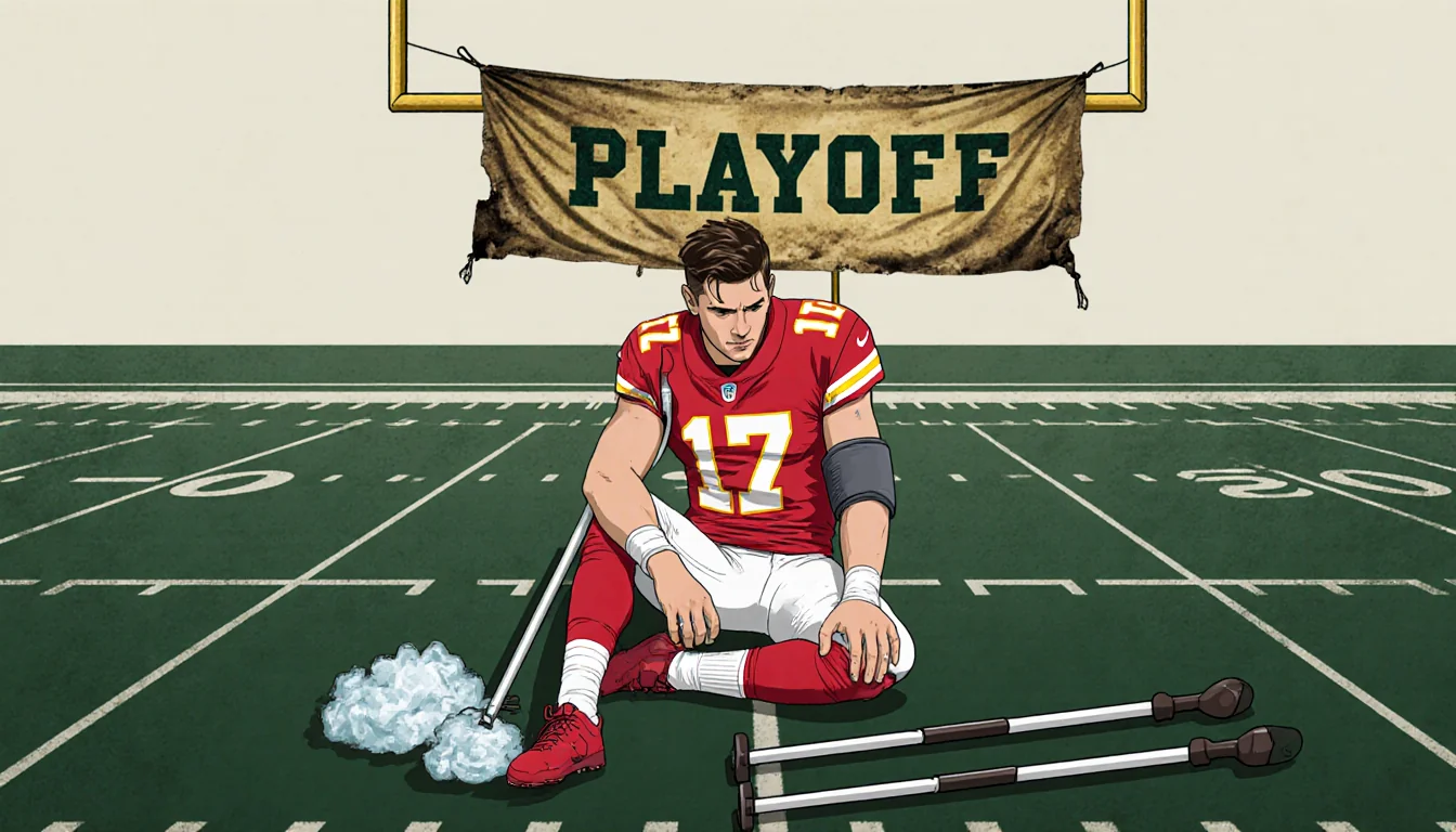 Patrick Mahomes sits on a football field with his arm in a sling for ACL injury crutches and ice pack with a Chiefs playoff b