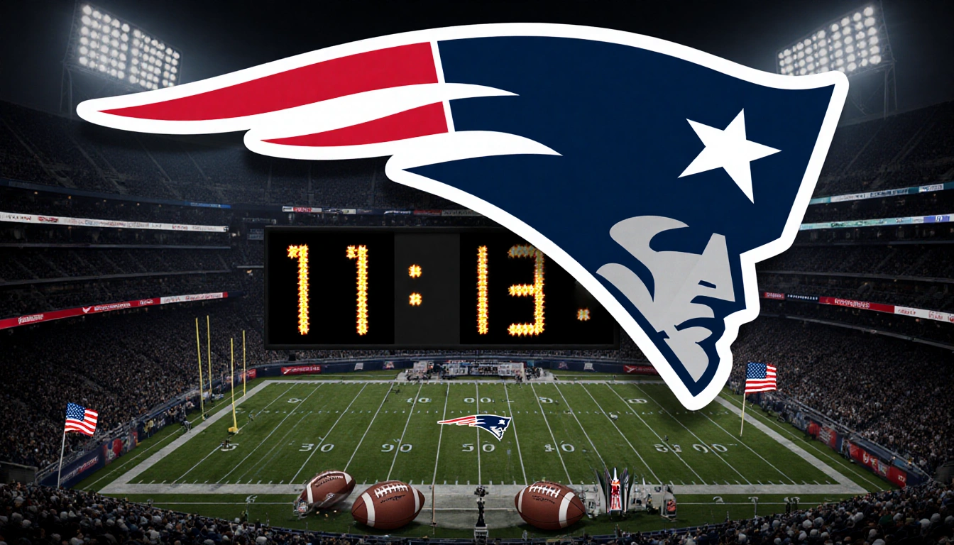Patriots logo appearing on stadium scoreboard with 11-3 record on digital display and football field grid backdrop and flags.