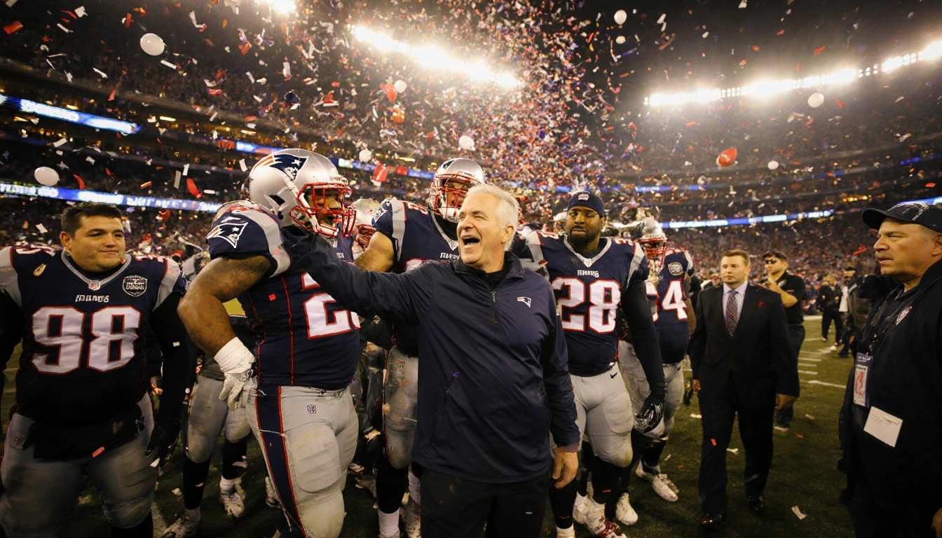 Patriots players huddle around coach with confetti and balloons in light fans leave disappointed