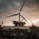 Wind turbine ceases mid-spin with sunset sky and scattered oil rigs hinting renewable energy.
