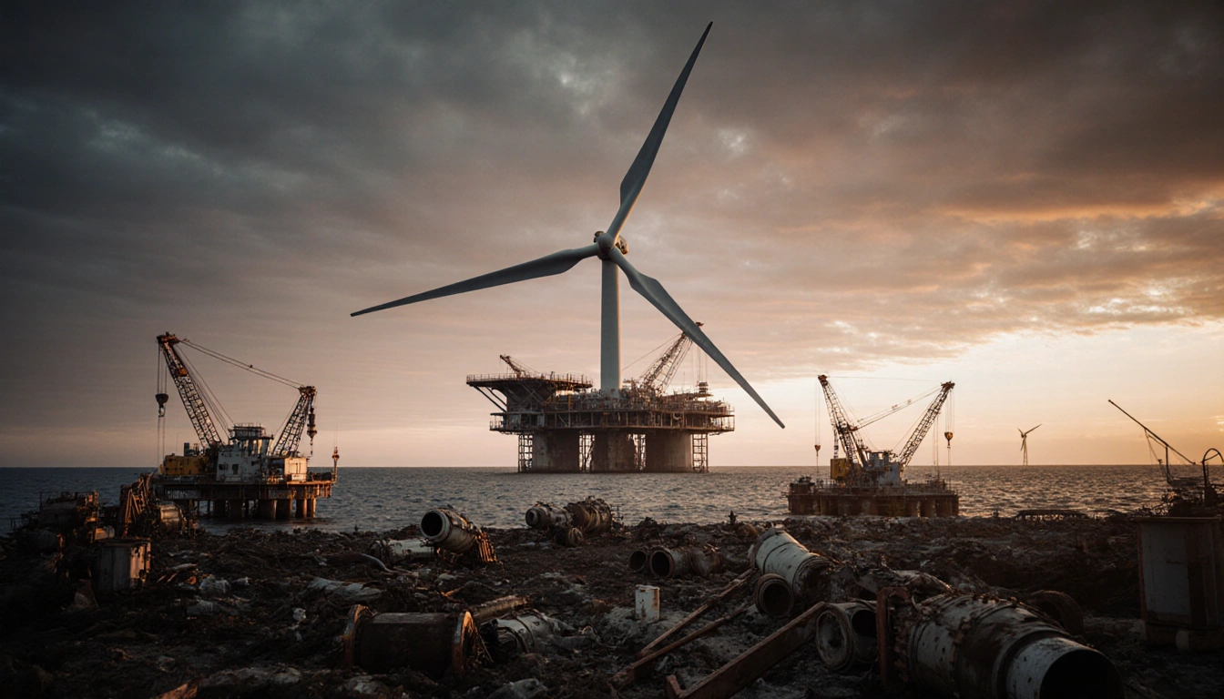 Wind turbine ceases mid-spin with sunset sky and scattered oil rigs hinting renewable energy.