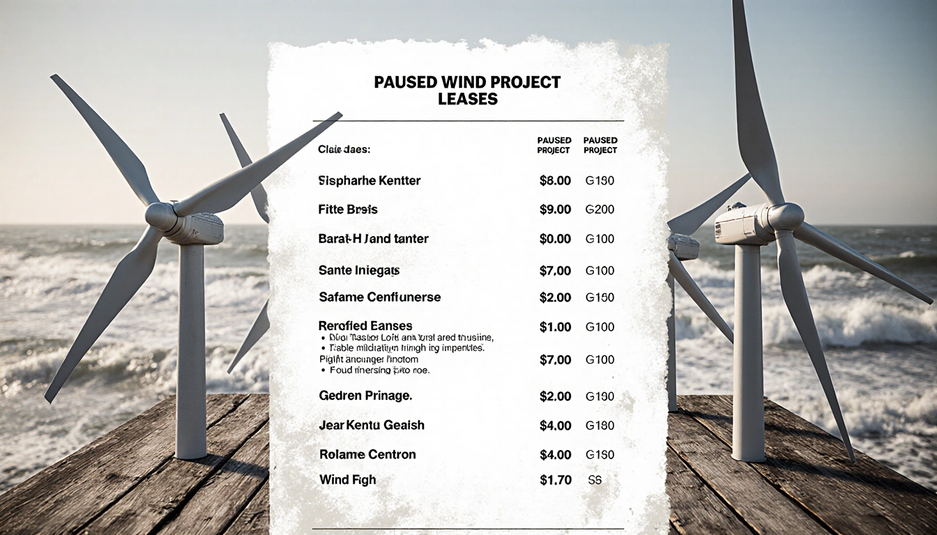 Illustrated wind lease list on dock with five frozen turbine blades and blurred East Coast shoreline.