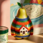 Pear leaning against counter with colorful sweater featuring miniature house and warm golden light illuminating Tzatziki dip