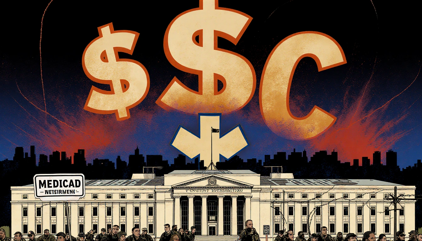 ICE agents raid Pentagon entrance with defense spending $1000 sign hovering above building and Medicaid logo in background.