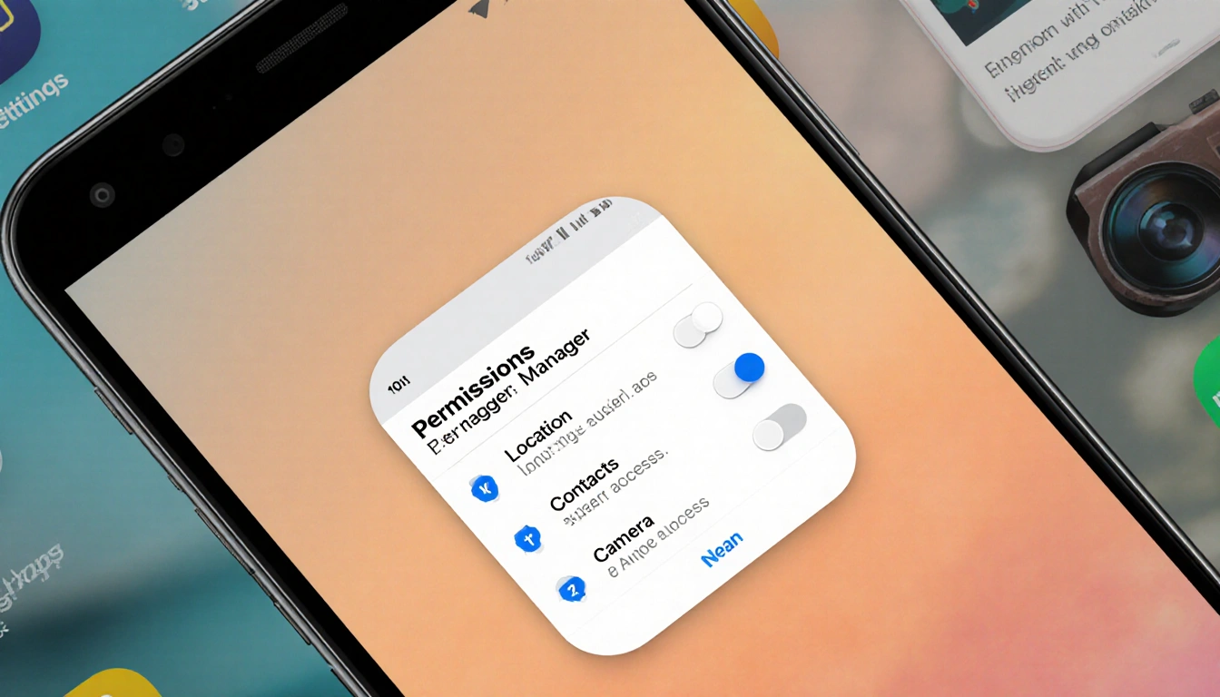 Smartphone displays Permissions Manager app with location contacts and camera toggles in UI