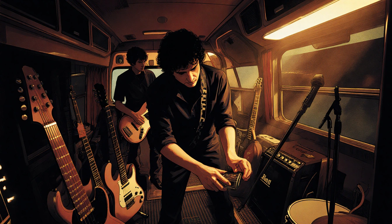 Perry Bamonte adjusting his gear with warm dim lighting and The Cure instruments scattered on a tour bus
