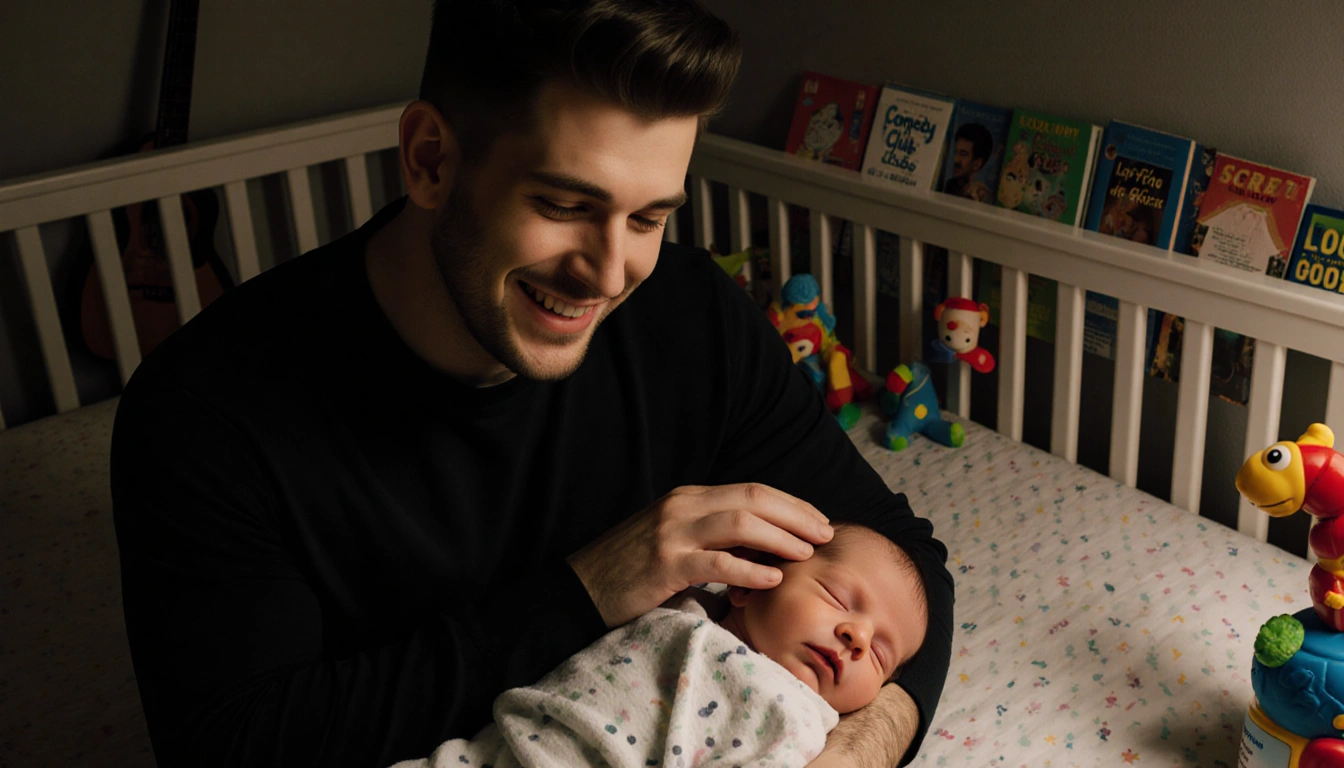 Pete Davidson gently stroking newborn's head with a warm smile in a dim nursery with a guitar hinting his past
