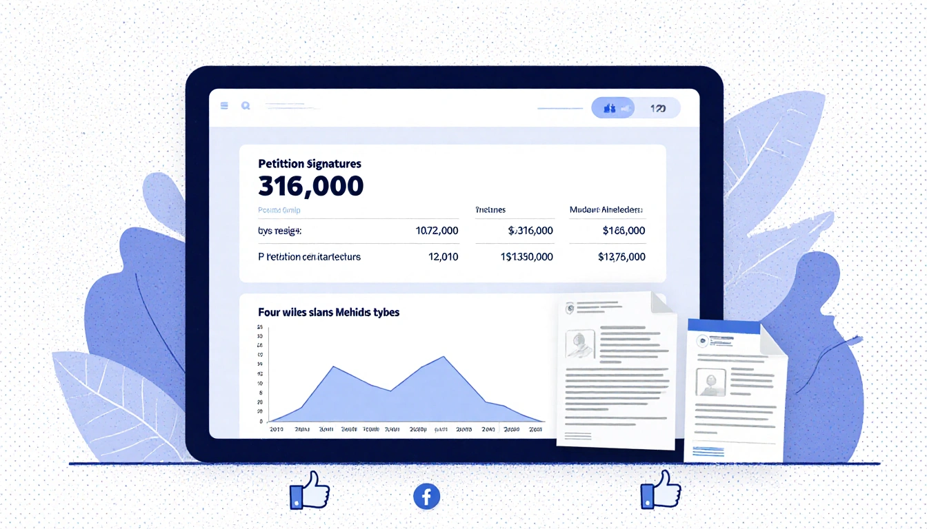 Tablet screen showing petition signatures with a graph and social media likes scattered in foreground