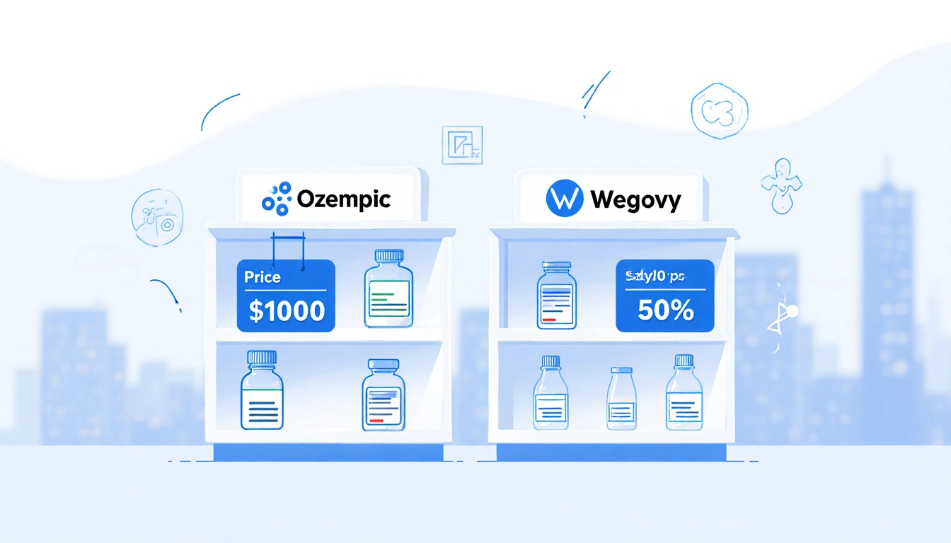Two pharmacy shelves show Ozempic and Wegovy bottles with a $1000 tag on one and 20-50% discounts on the other background.