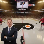 Tim Saunders standing behind microphone in Philadelphia stadium with Flyers logo and apologetic shocked fans in background
