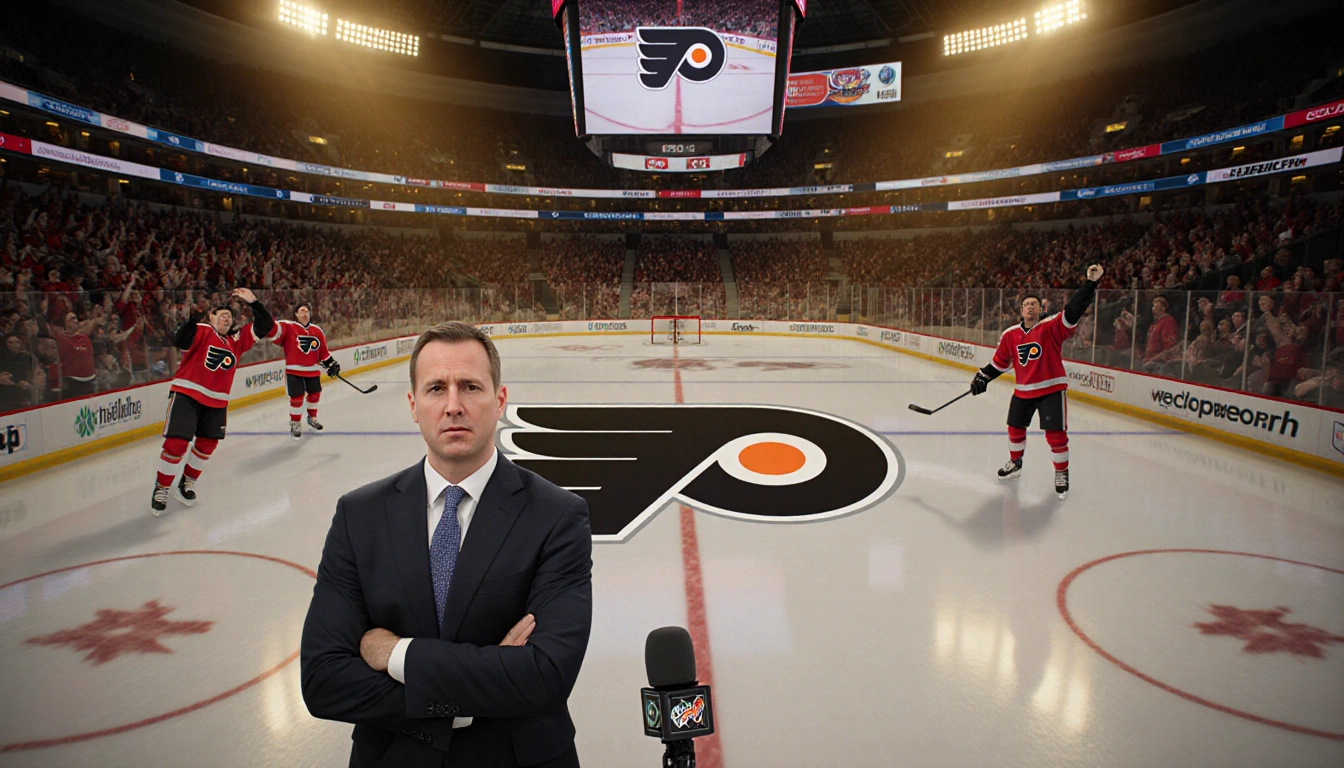 Tim Saunders standing behind microphone in Philadelphia stadium with Flyers logo and apologetic shocked fans in background