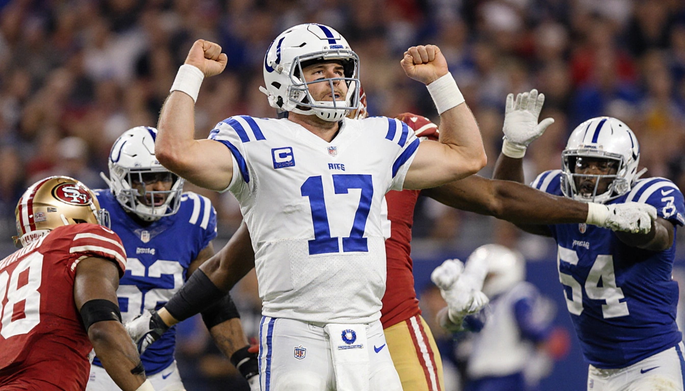 Philip Rivers raising arms in frustration with 49ers defenders celebrating after pick-six and confused Colts players.