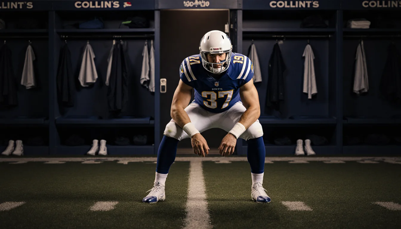 Philip Rivers calls signals on football field with cleats and knee pads visible through dim locker room doorway during his re