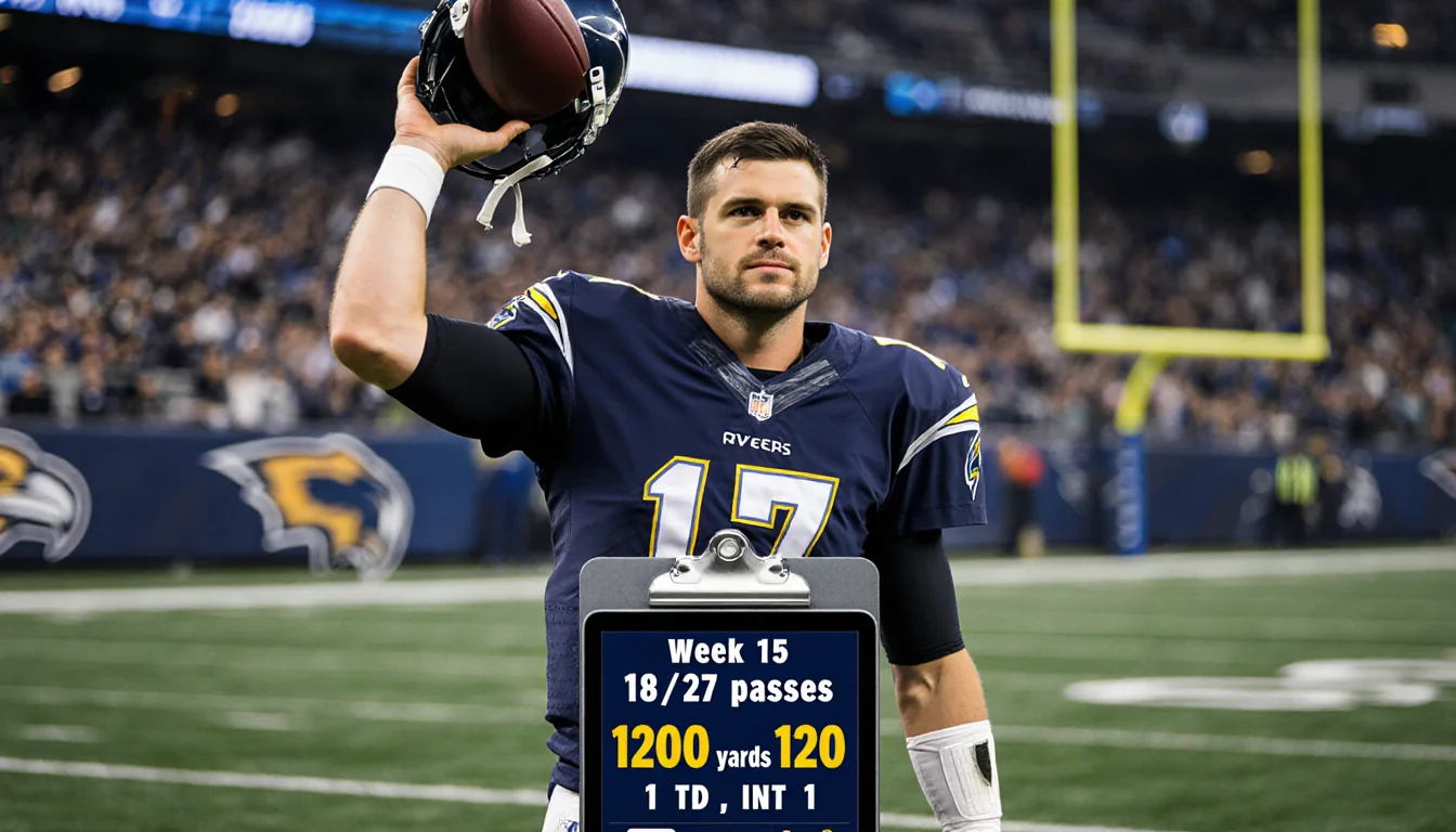 Philip Rivers stands behind center holding his football helmet with a tablet showing Week 15 stats on a field background