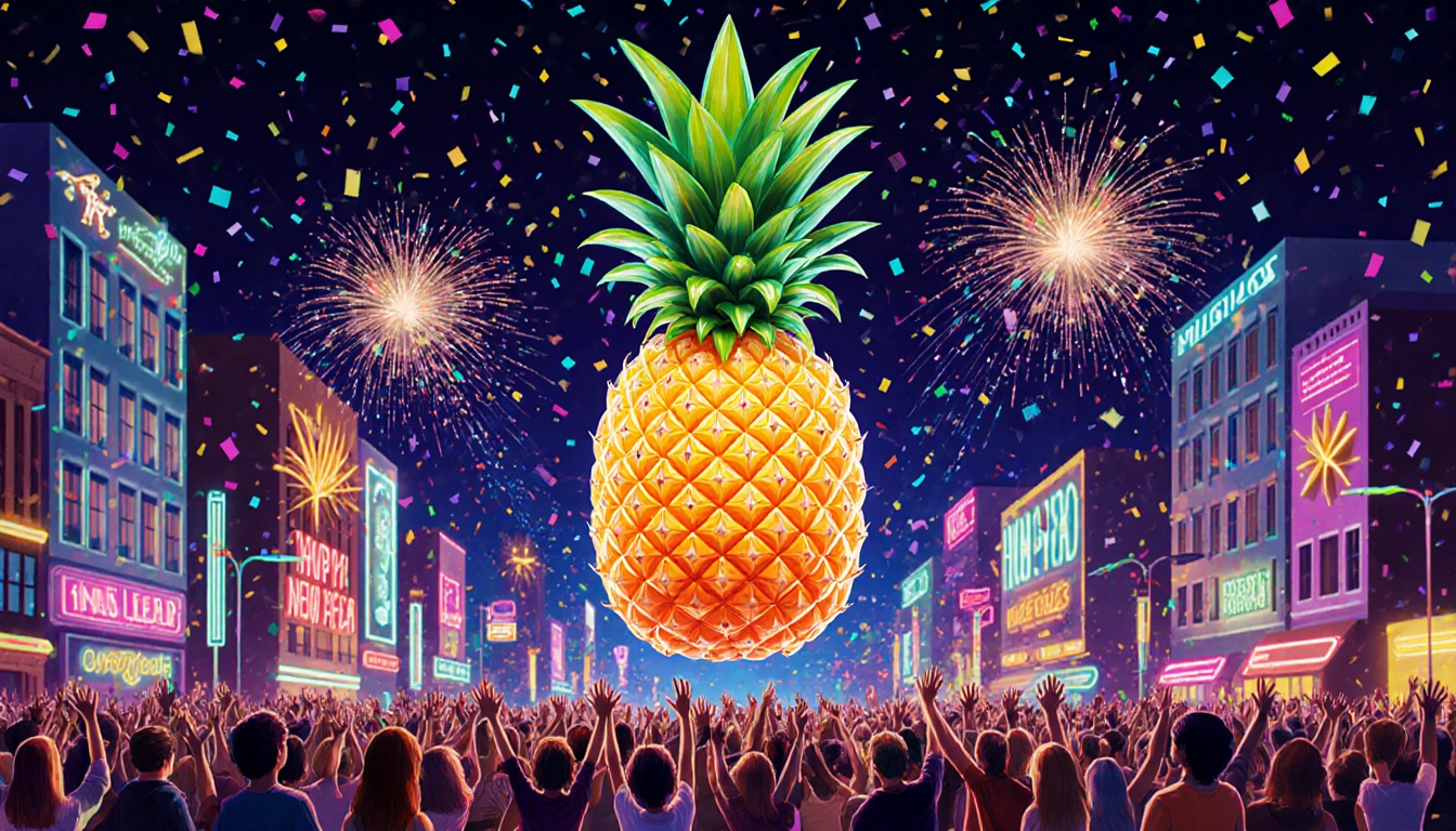 Giant pineapple hovering above the crowd with neon lights and fireworks overhead during New Year's Eve.
