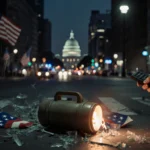 Bomber holding remote beside pipe bomb with shattered glass and torn flags under dim street lights and police lights