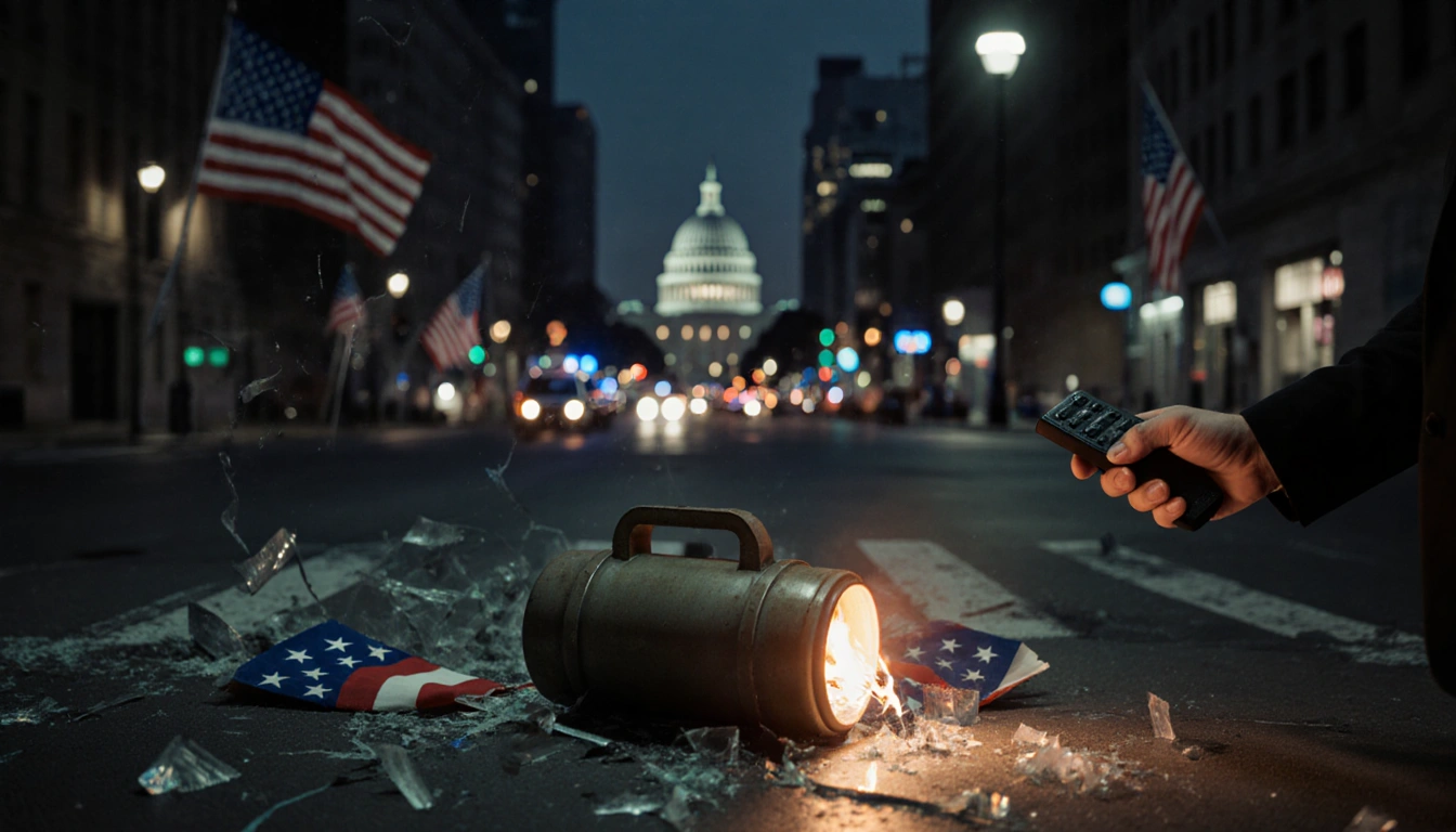 Bomber holding remote beside pipe bomb with shattered glass and torn flags under dim street lights and police lights