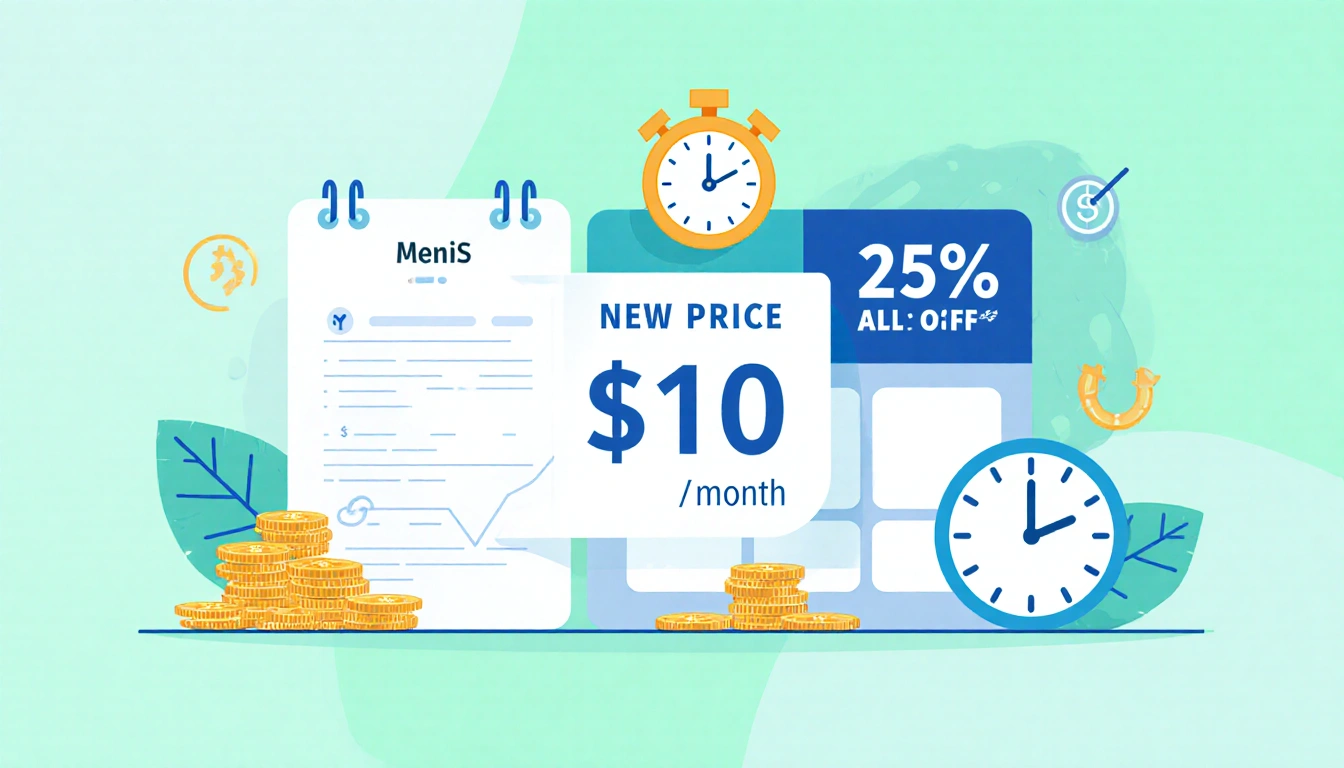 Calendar showing 25% off and $10/month price with money and clock icons on calm blue background