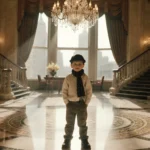 Young boy standing confidently on Plaza Hotel marble floor with grand staircase chandeliers and city skyline through windows