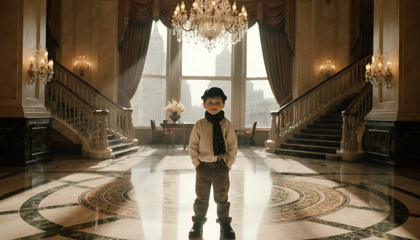 Young boy standing confidently on Plaza Hotel marble floor with grand staircase chandeliers and city skyline through windows
