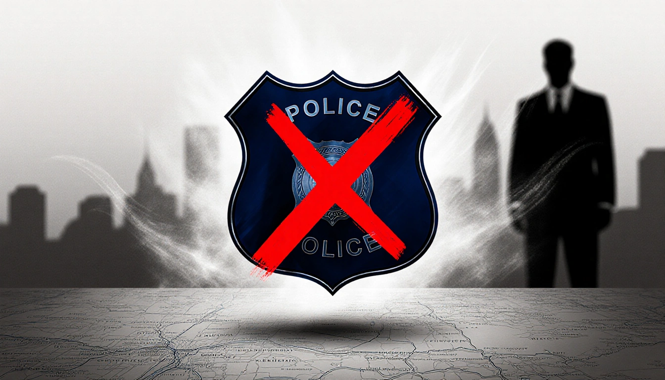 Police badge suspended above city map with red X and subtle gray witness testimony gradient and silhouette of corrupt figure.