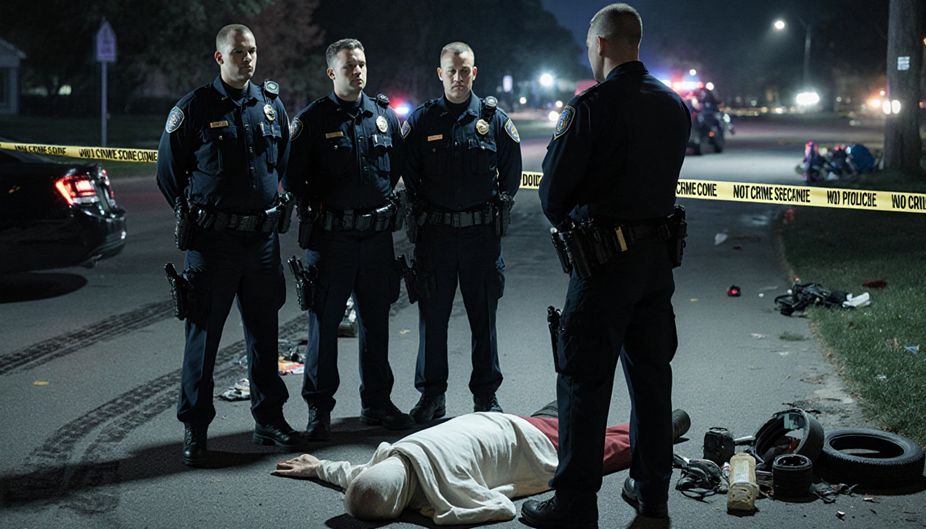Four police officers standing solemnly at the edge of a crime scene tape with a body covered by a blanket and medical equipme
