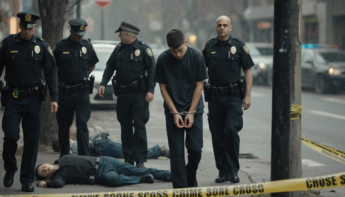 Police officers collecting evidence from tape with two bodies and a handcuffed figure led away, son's hands showing despair.