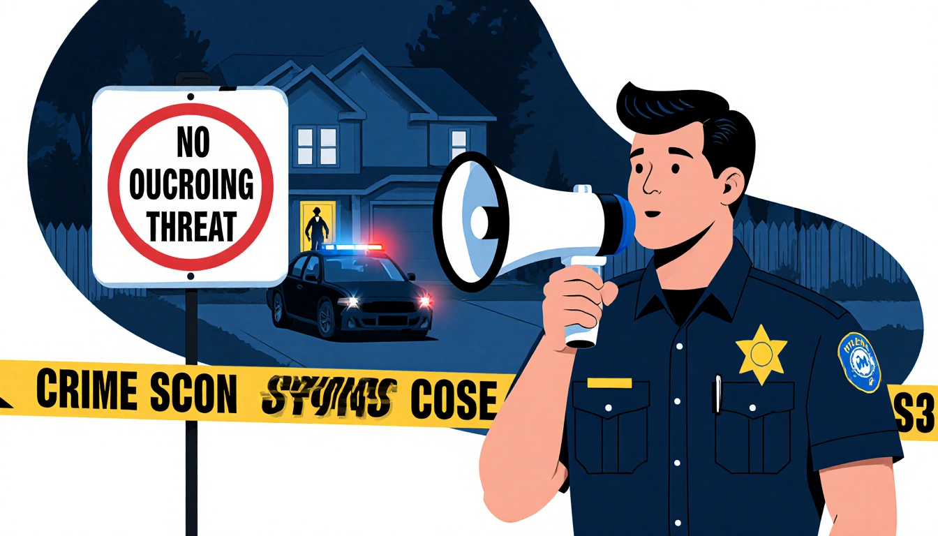 Police officer announcing to public with megaphone beside no ongoing threat sign and flashing police lights at McKinney home.