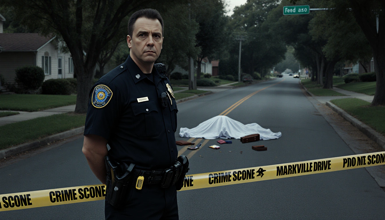 Police officer standing in front of crime scene tape with victim's sheeted body and tragic street background