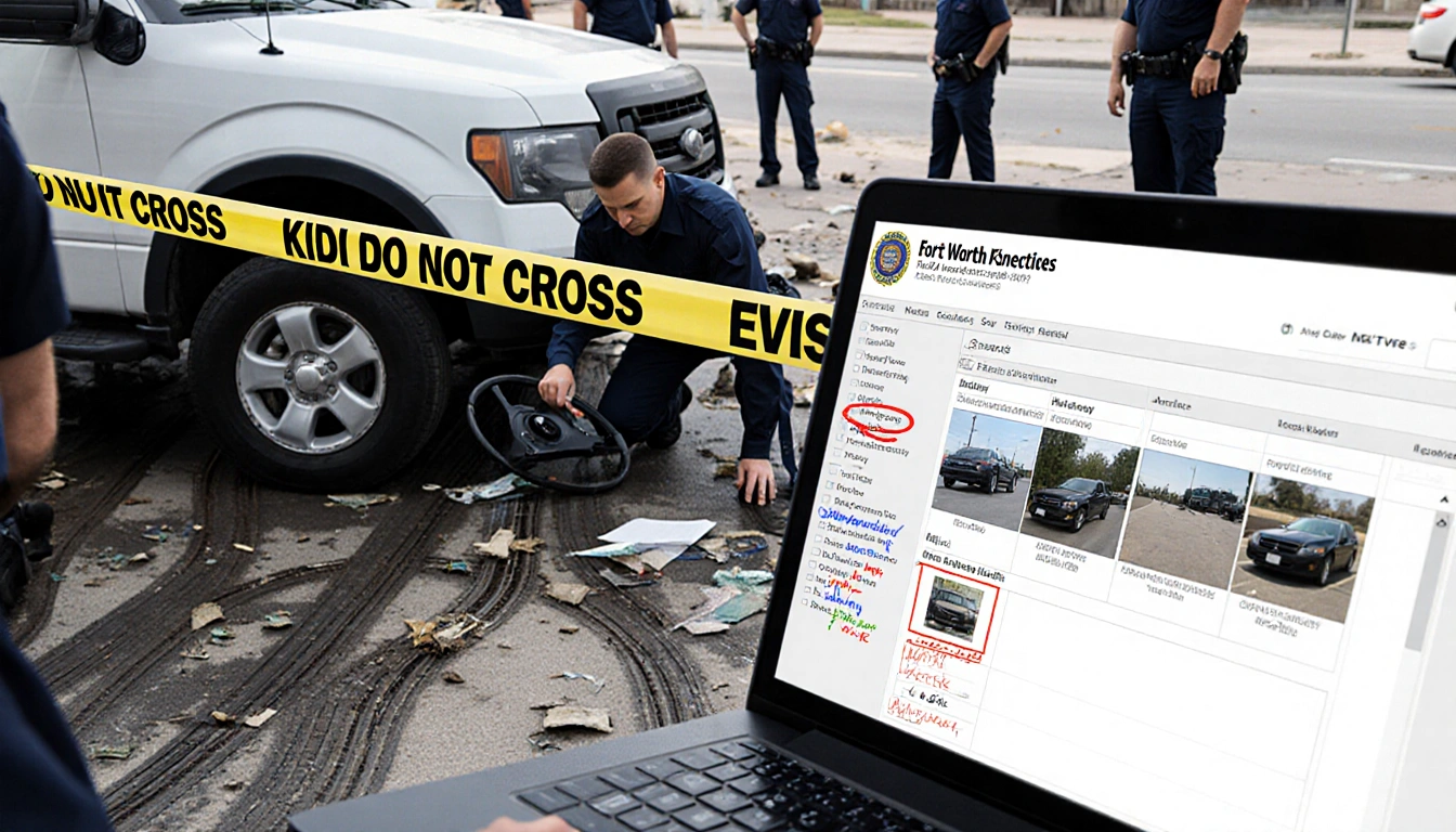 Detective examining vehicle with tire tracks and skid marks and laptop showing crash report
