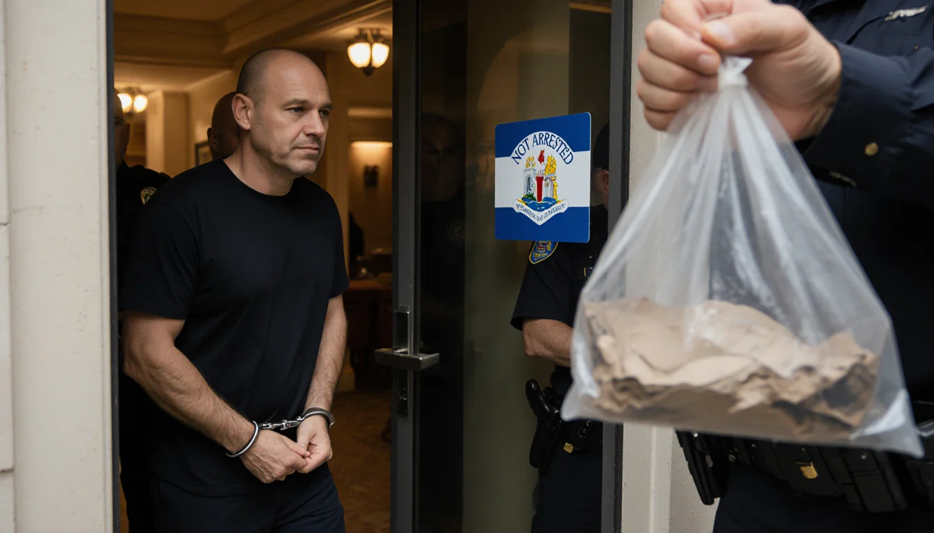 Man escorted out of hotel by police in handcuffs with 'NOT ARRESTED' sign behind and holding evidence bag Rhode Island flag